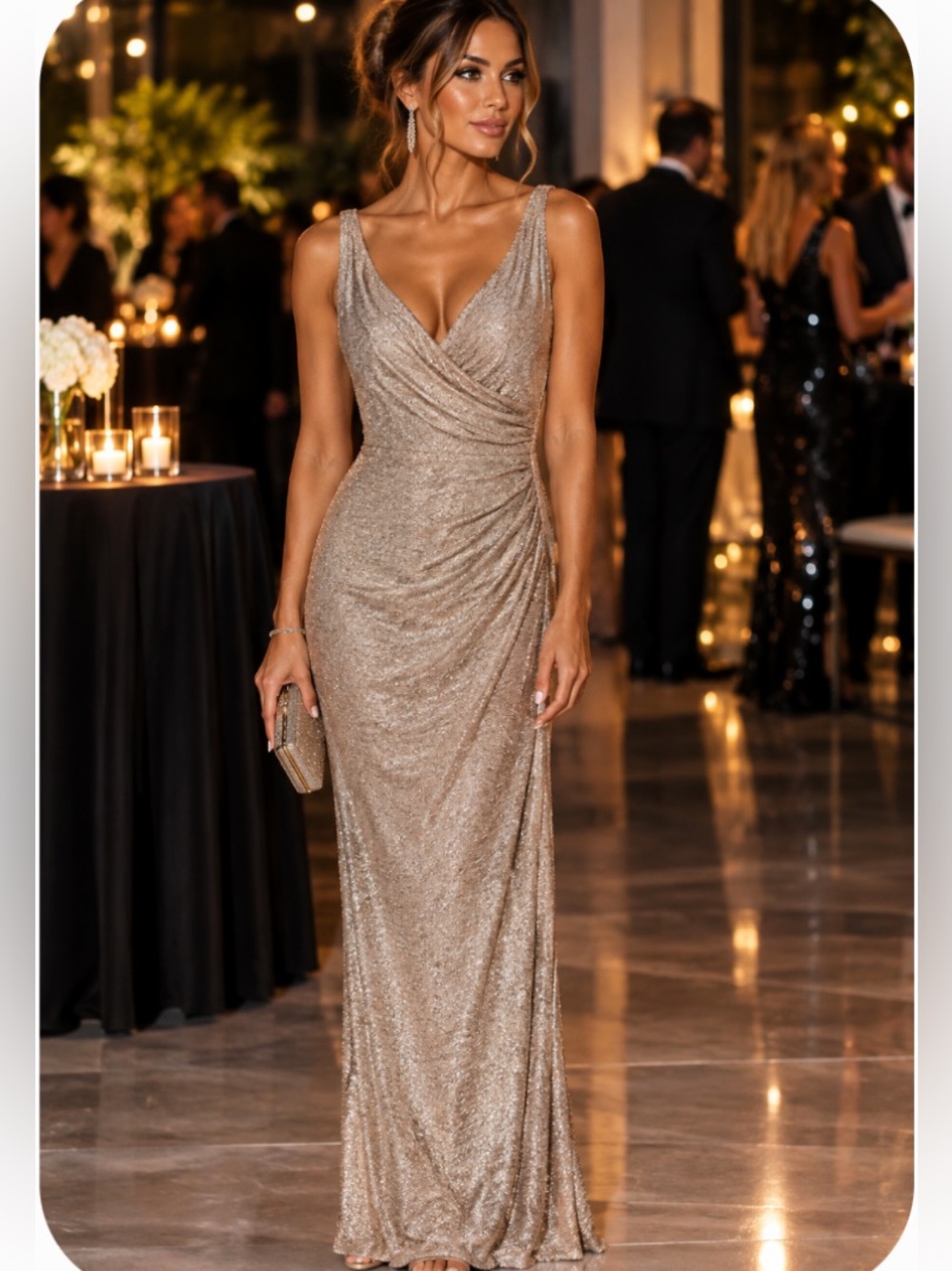 Ralph Lauren Maxi Evening Dress Womens 14 Shimmer Gold Tan Maxi Wedding Prom